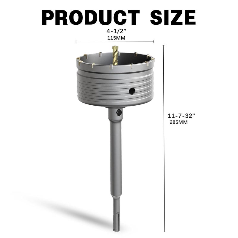 METOTO 4-1/2" Concrete Hole Saw,115mm Masonry Hole Saw, with 220mm SDS Plus Shank Connecting Rod for Concrete Brick Cement Stone Wall Drilling Home Improvement - Image 2